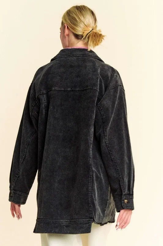 Davi & Dani Washed Corduroy Raw Hem Button Up Jacket