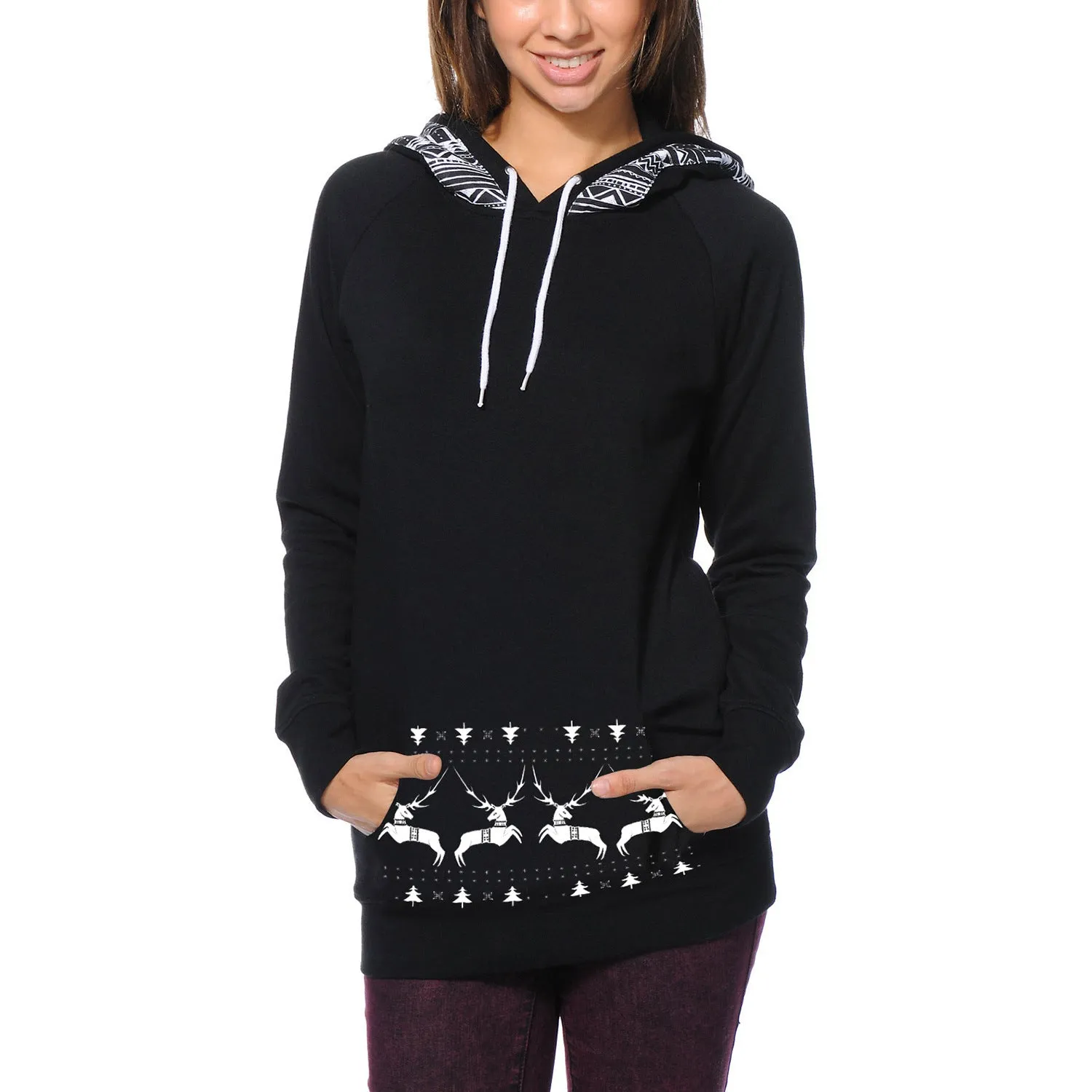 Deer Print Pocket Drawstring Long Slim Hoodie