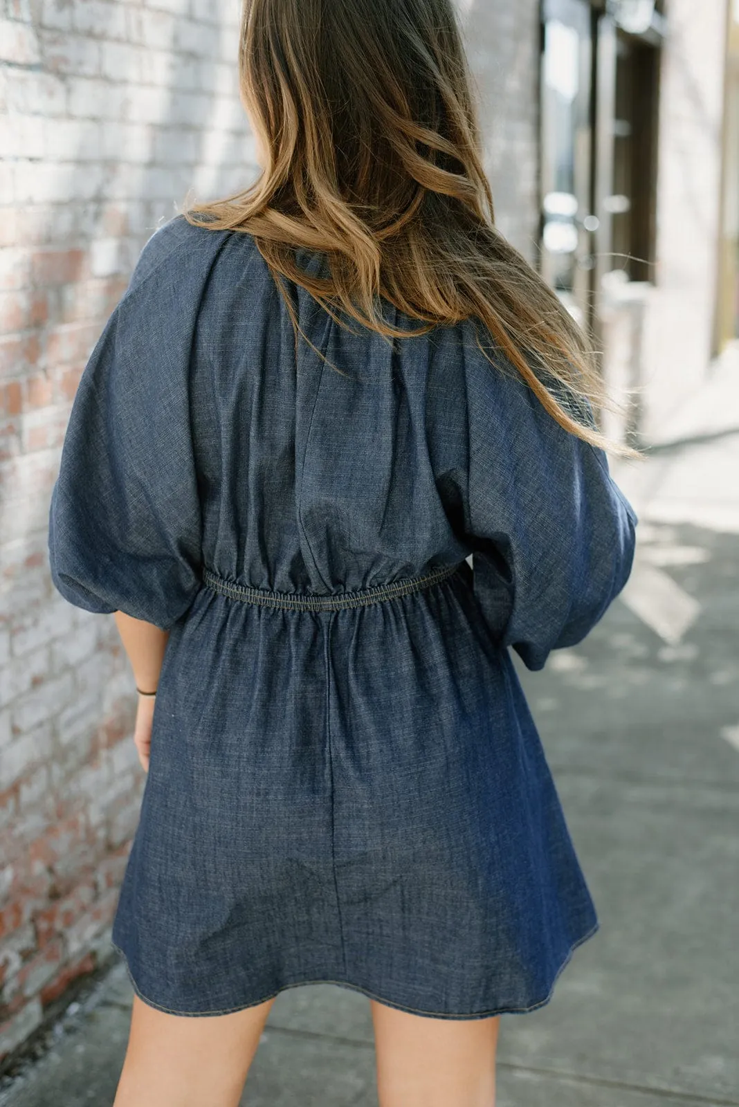 Denim V Neck Mini Dress