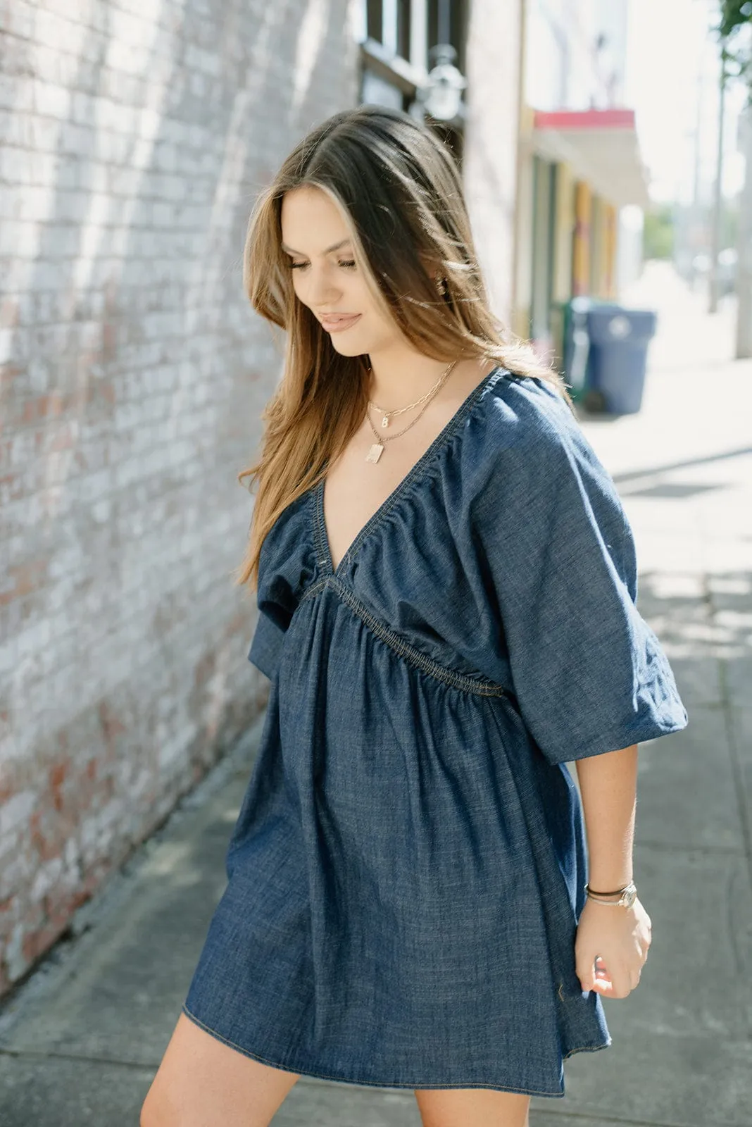 Denim V Neck Mini Dress