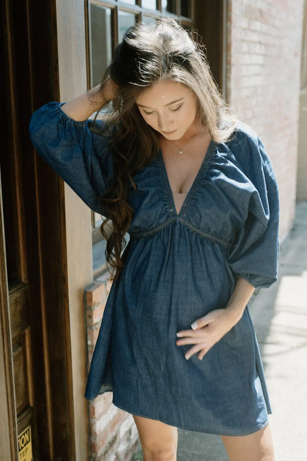 Denim V Neck Mini Dress