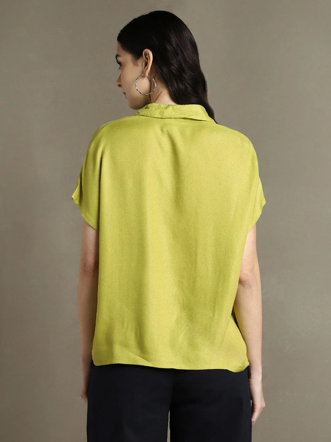 DL Woman Apple Green Solid Spread Collar Half Sleeves Oversized Shirt