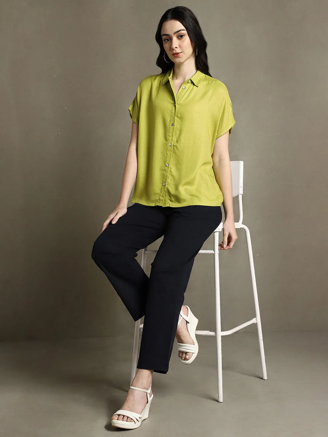 DL Woman Apple Green Solid Spread Collar Half Sleeves Oversized Shirt