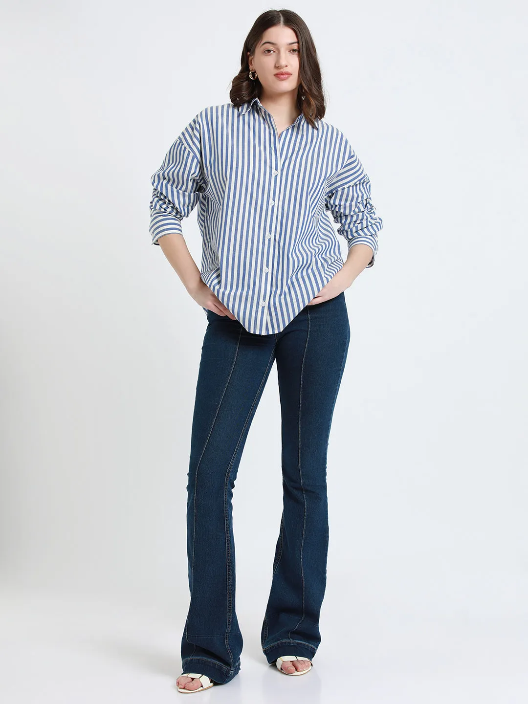 DL Woman Cobalt Blue Relaxed fit Striped Cotton Casual Shirt