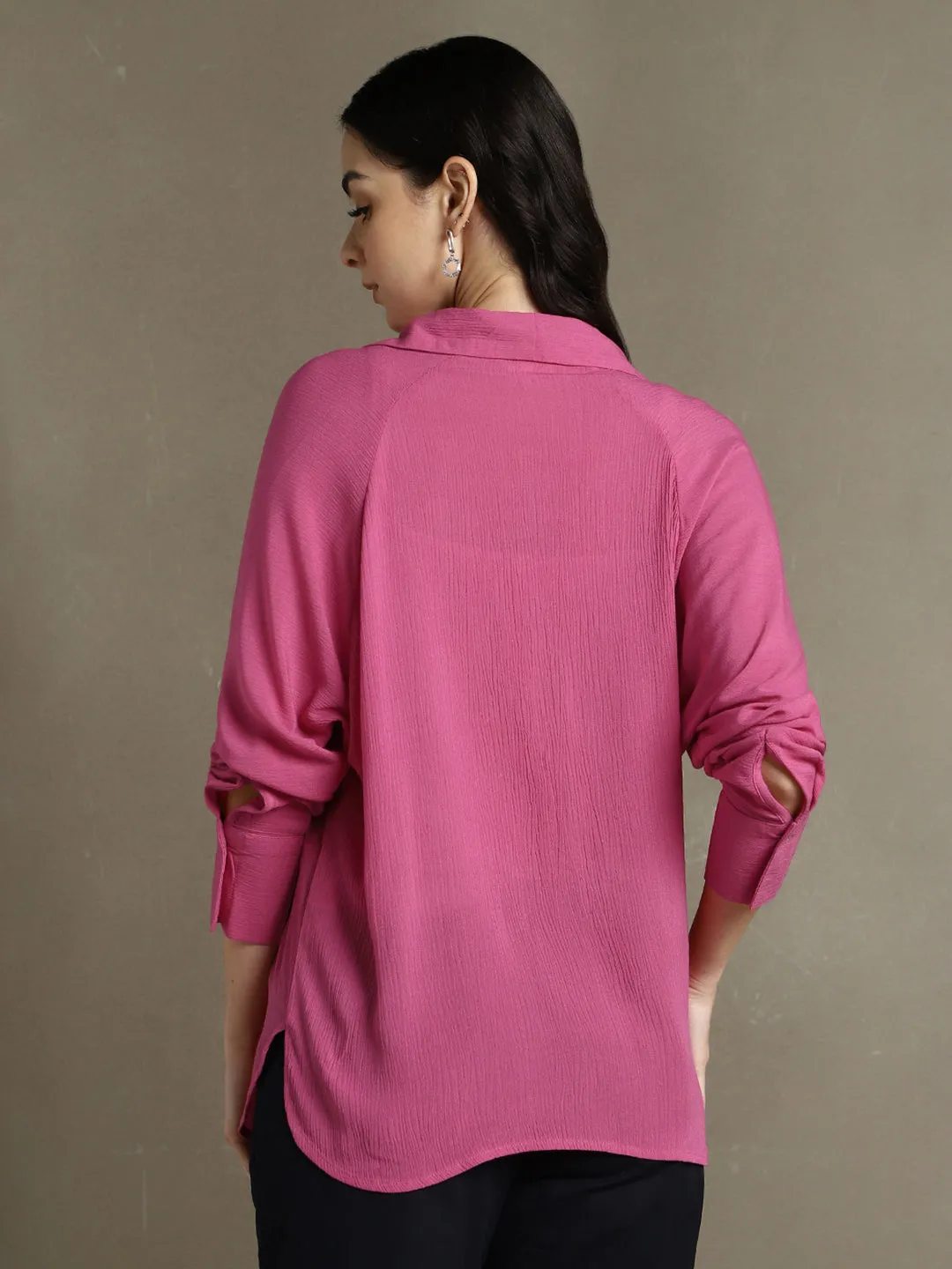 DL Woman Pink Solid Spread Collar Full Sleeves Oversized Shirt