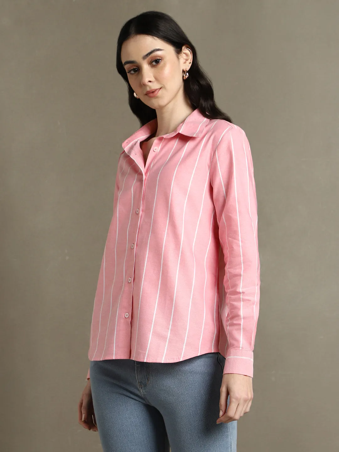 DL Woman Pink Striped Spread Collar Full Sleeves Relaxed Fit Shirt