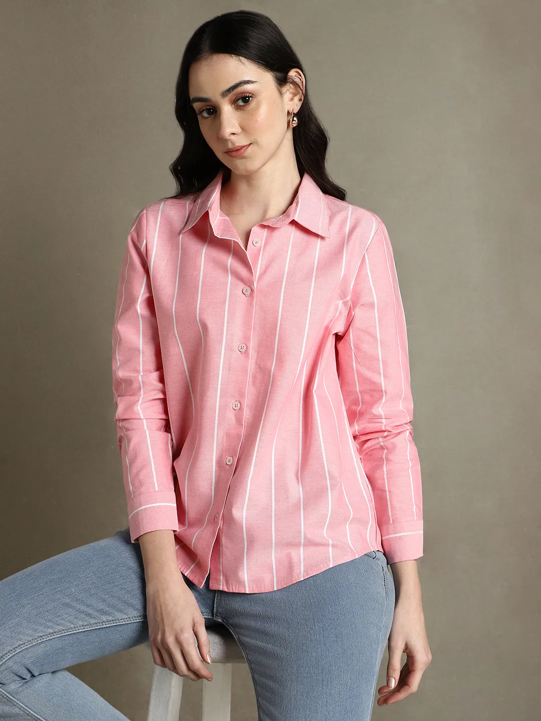 DL Woman Pink Striped Spread Collar Full Sleeves Relaxed Fit Shirt