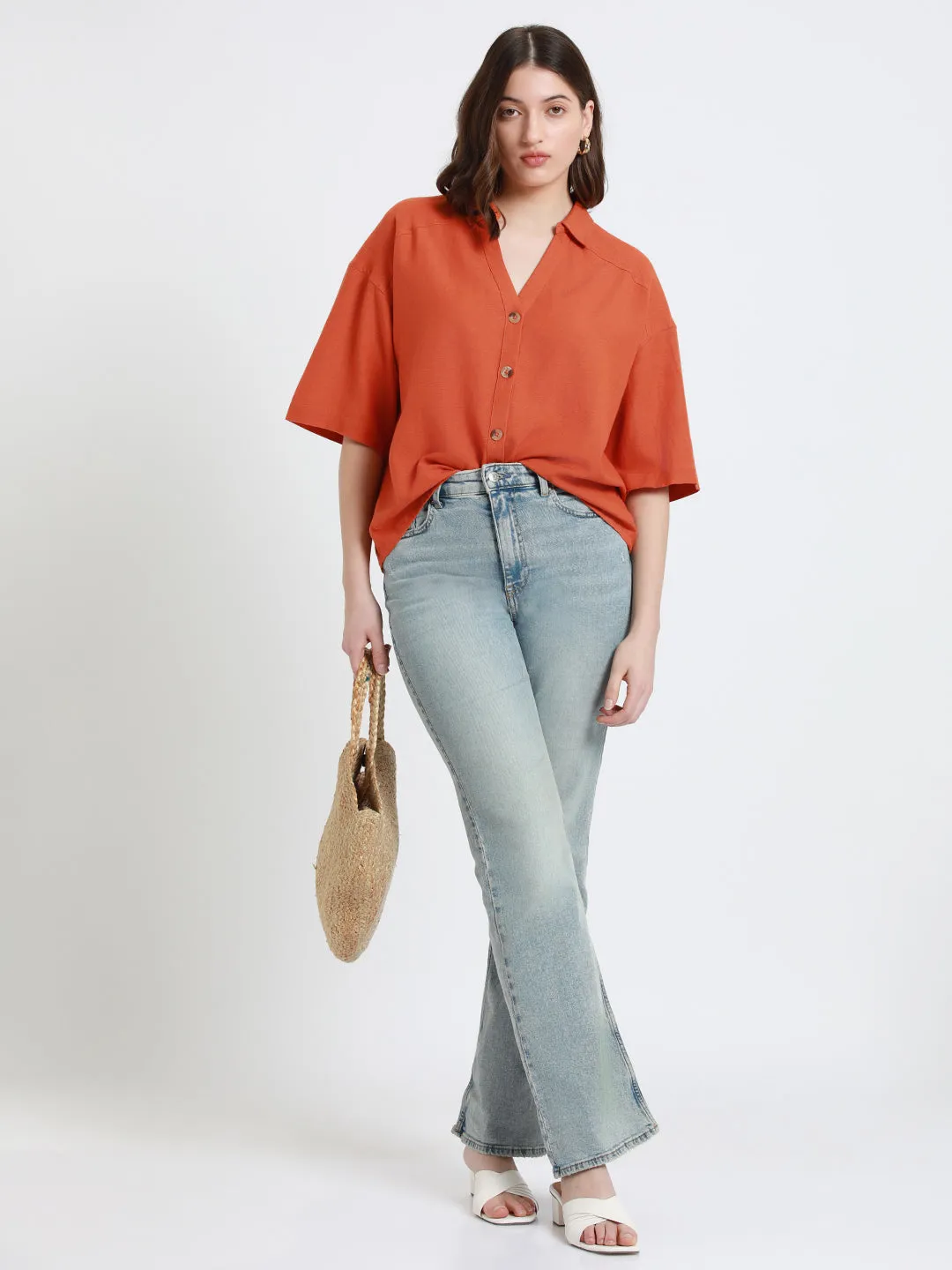 DL Woman Rust Relaxed fit Spread Collar Cotton Casual Shirt