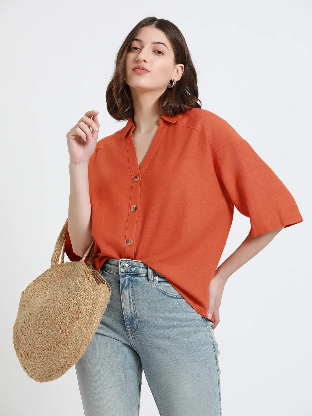 DL Woman Rust Relaxed fit Spread Collar Cotton Casual Shirt