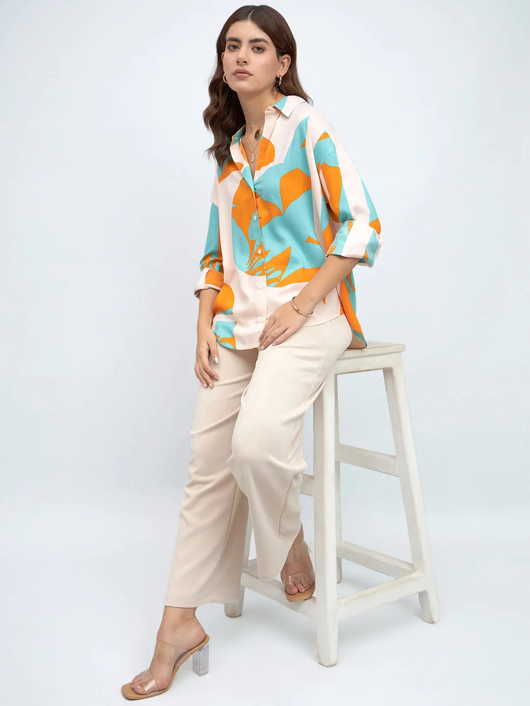 DL Woman Shirt Collar Regular Fit Abstract Print Sky Shirt