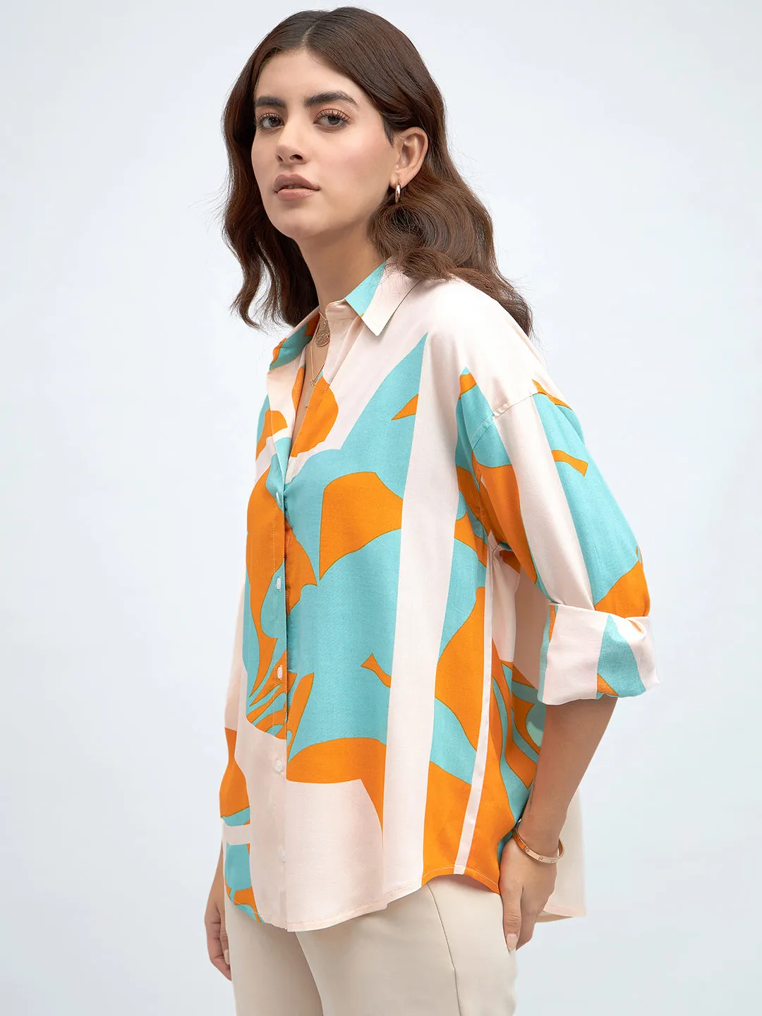 DL Woman Shirt Collar Regular Fit Abstract Print Sky Shirt