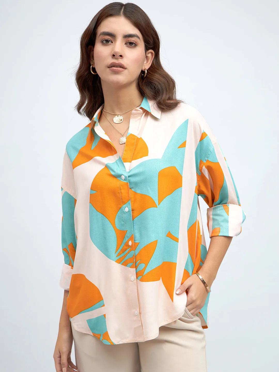 DL Woman Shirt Collar Regular Fit Abstract Print Sky Shirt