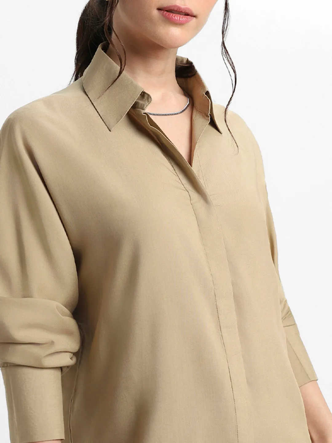 DL Woman Shirt Collar Relaxed Fit Solid Khaki Shirt