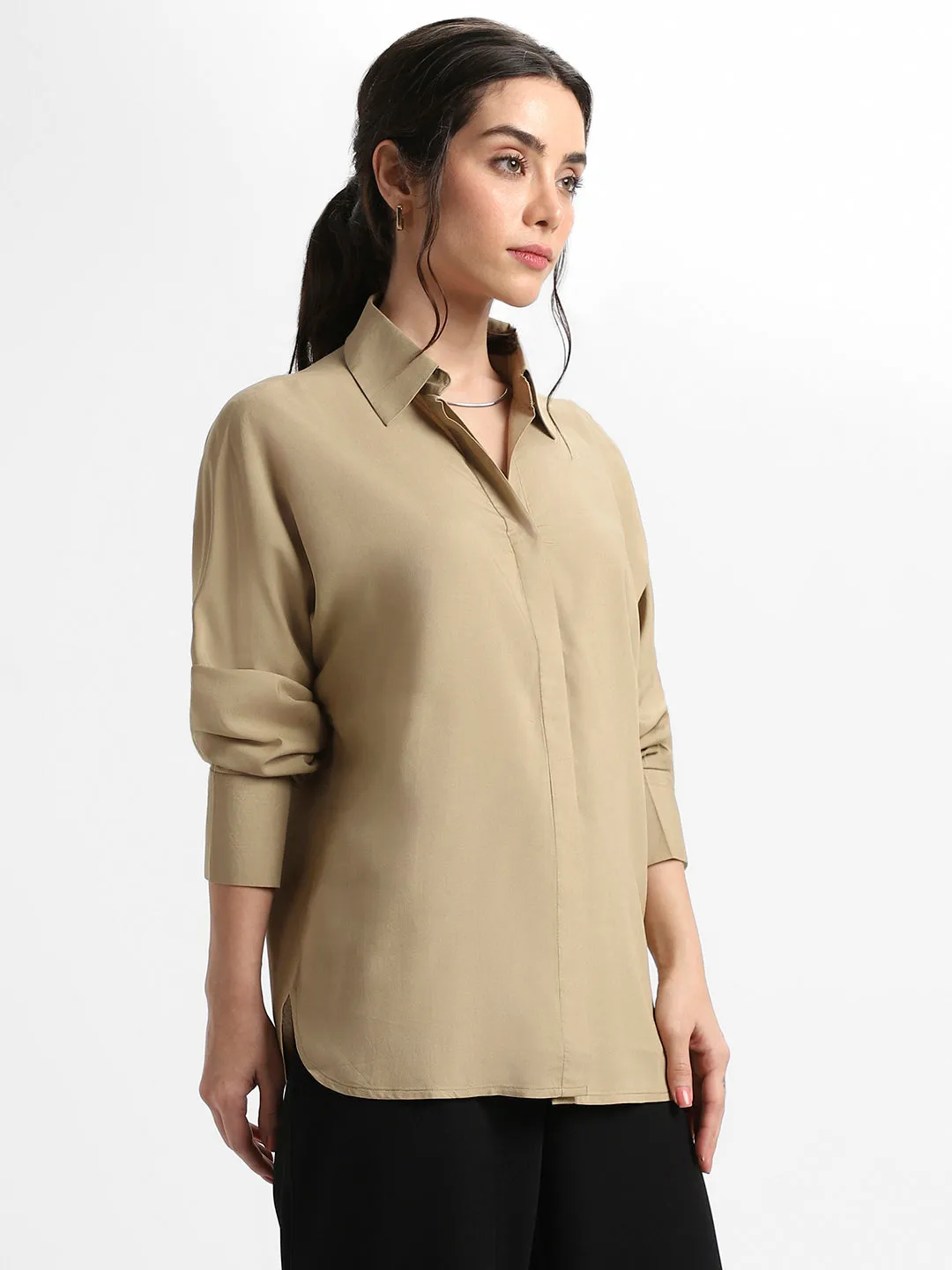 DL Woman Shirt Collar Relaxed Fit Solid Khaki Shirt