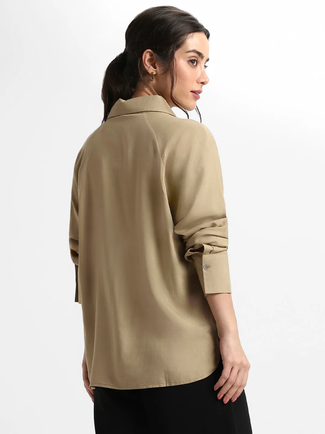 DL Woman Shirt Collar Relaxed Fit Solid Khaki Shirt