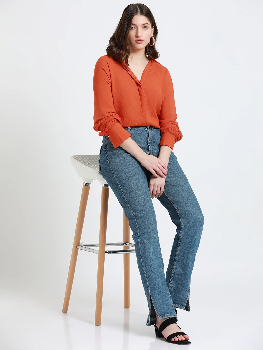 DL Woman Shirt Collar Relaxed Fit Solid Rust Shirt