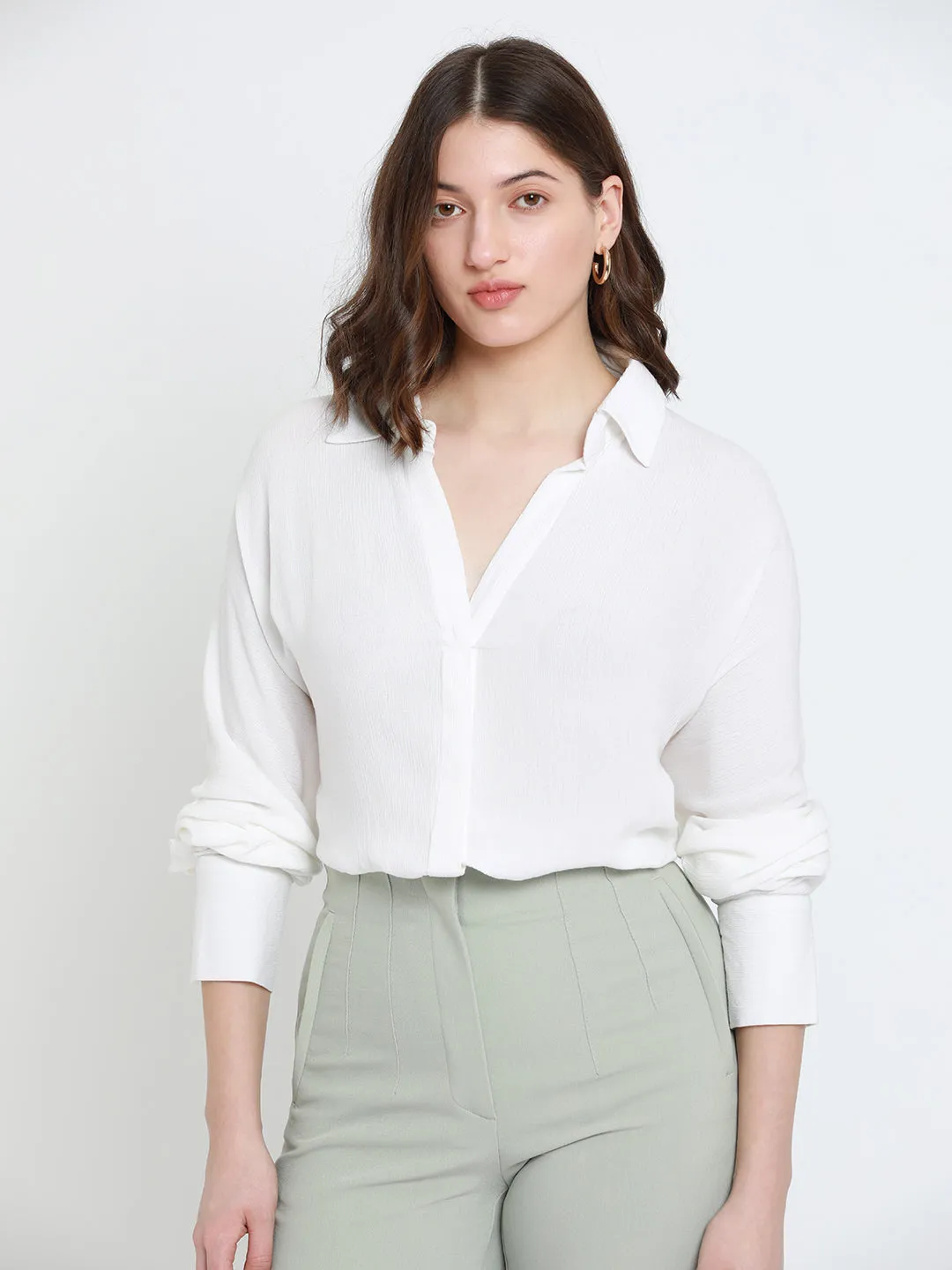 DL Woman Shirt Collar Relaxed Fit Solid White Shirt