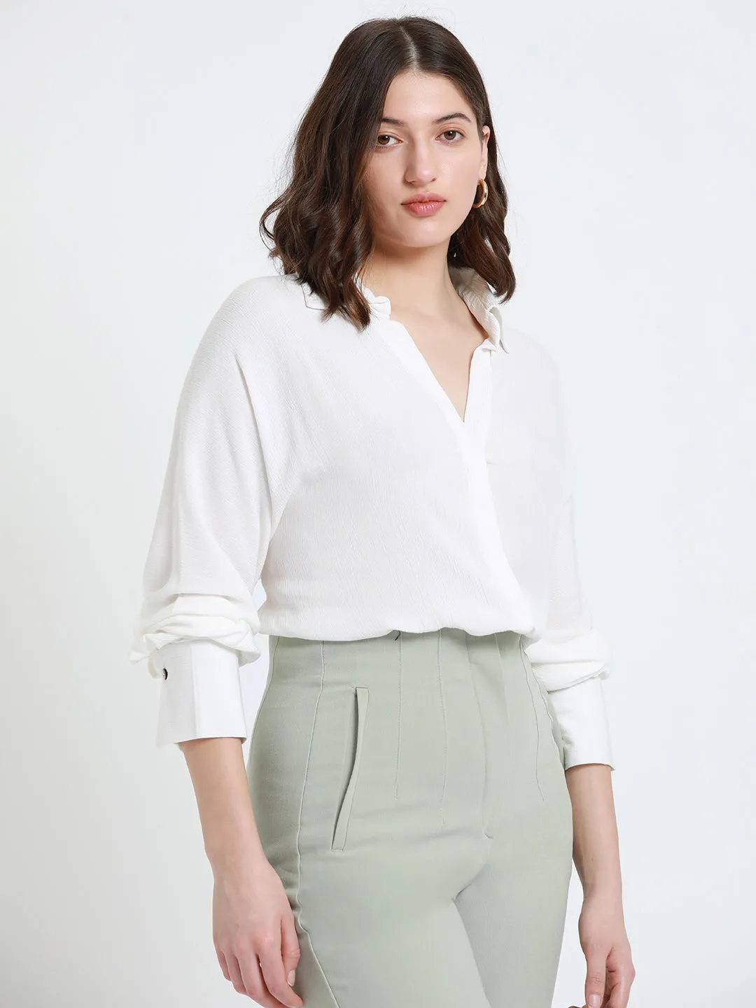 DL Woman Shirt Collar Relaxed Fit Solid White Shirt