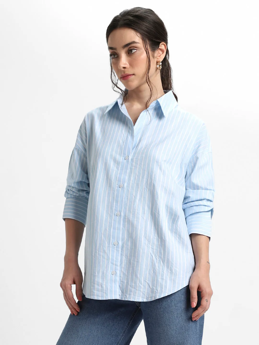 DL Woman Shirt Collar Relaxed Fit Striped Blue Shirt