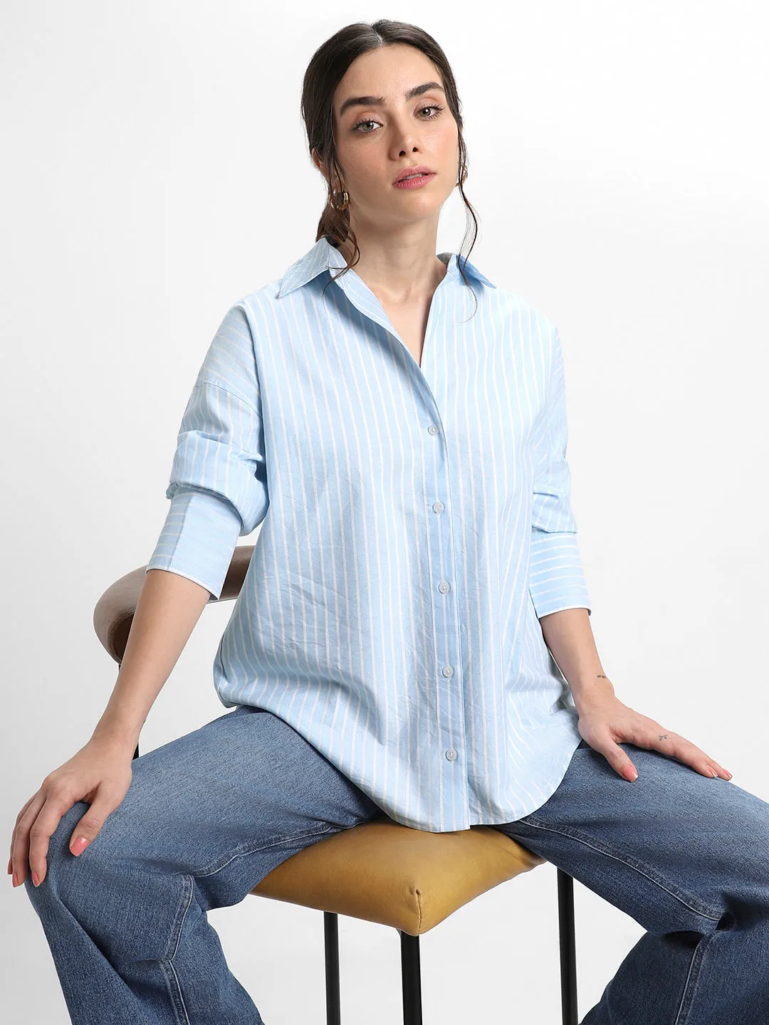 DL Woman Shirt Collar Relaxed Fit Striped Blue Shirt