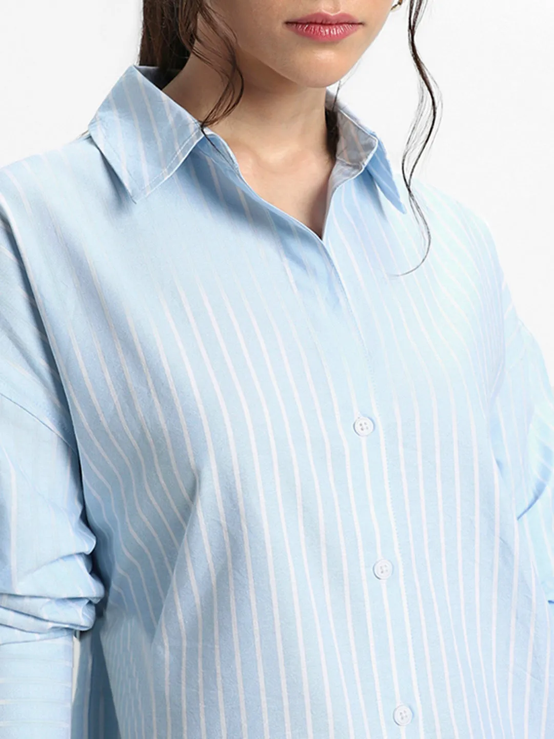 DL Woman Shirt Collar Relaxed Fit Striped Blue Shirt