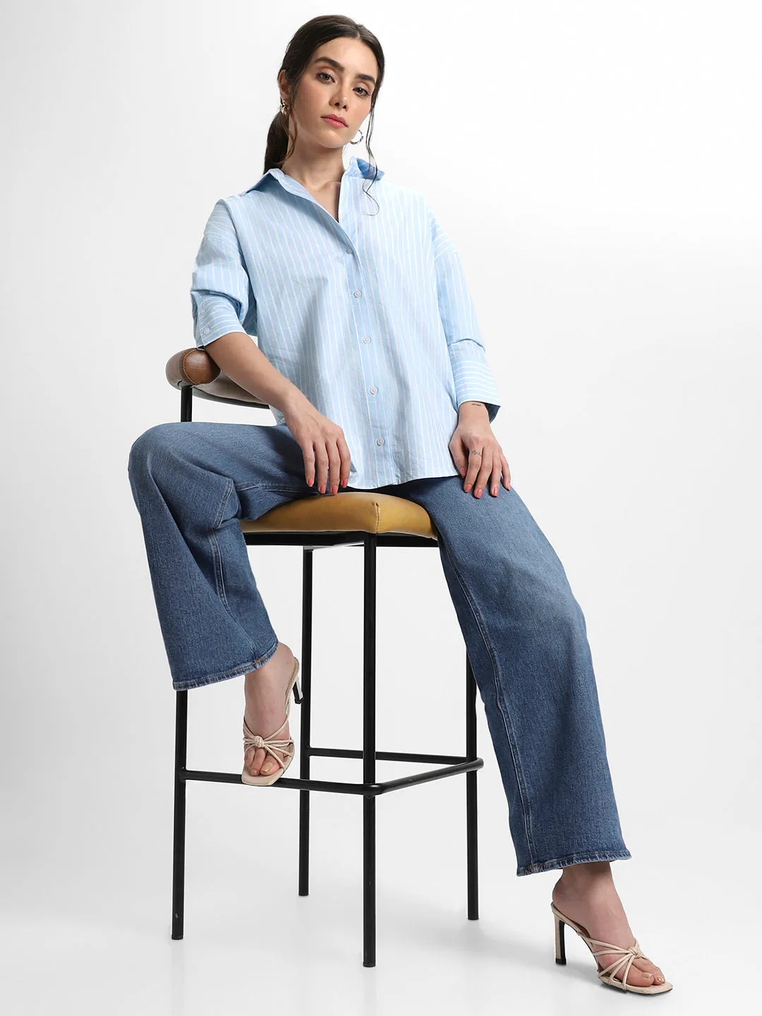 DL Woman Shirt Collar Relaxed Fit Striped Blue Shirt