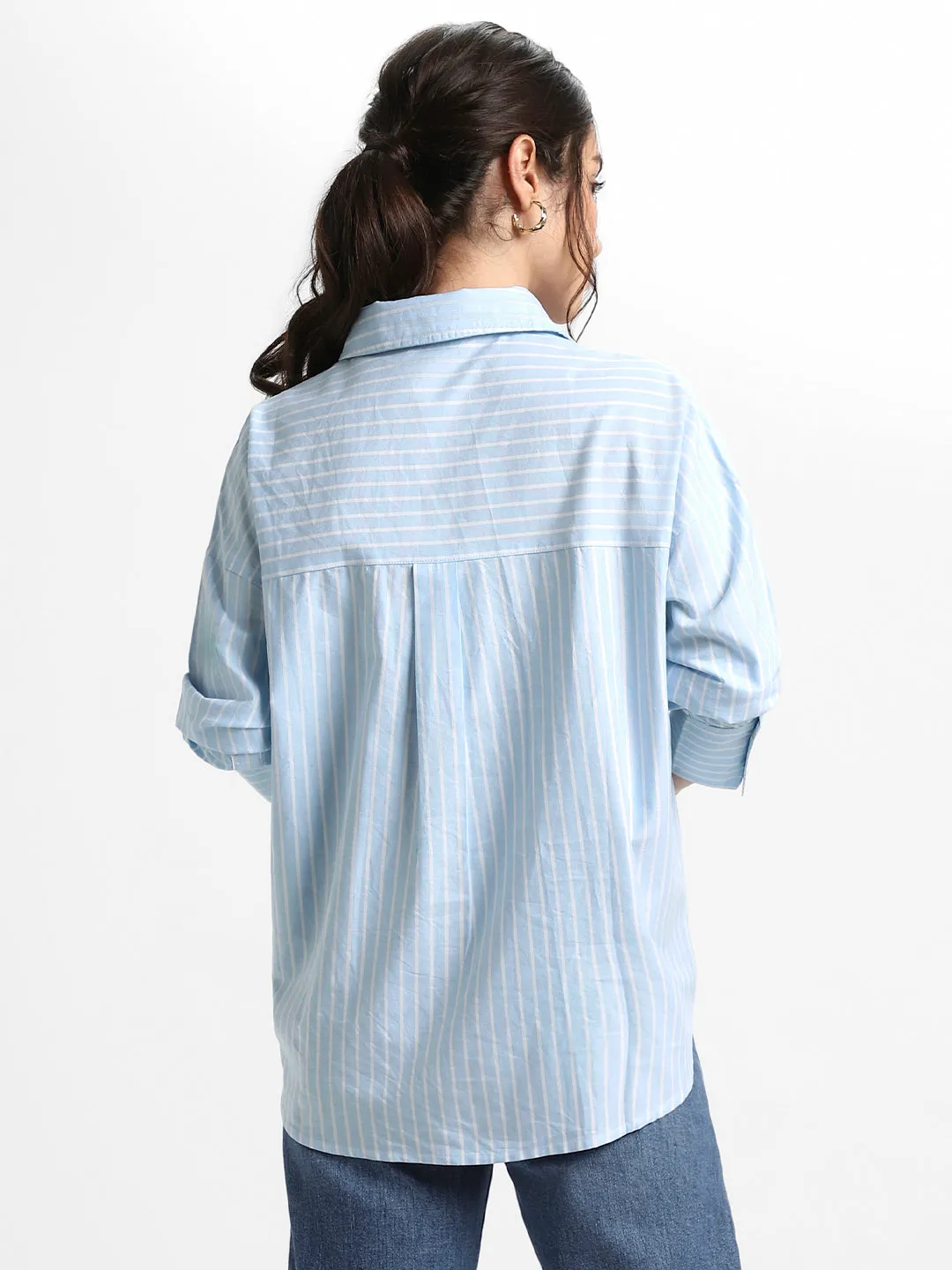 DL Woman Shirt Collar Relaxed Fit Striped Blue Shirt