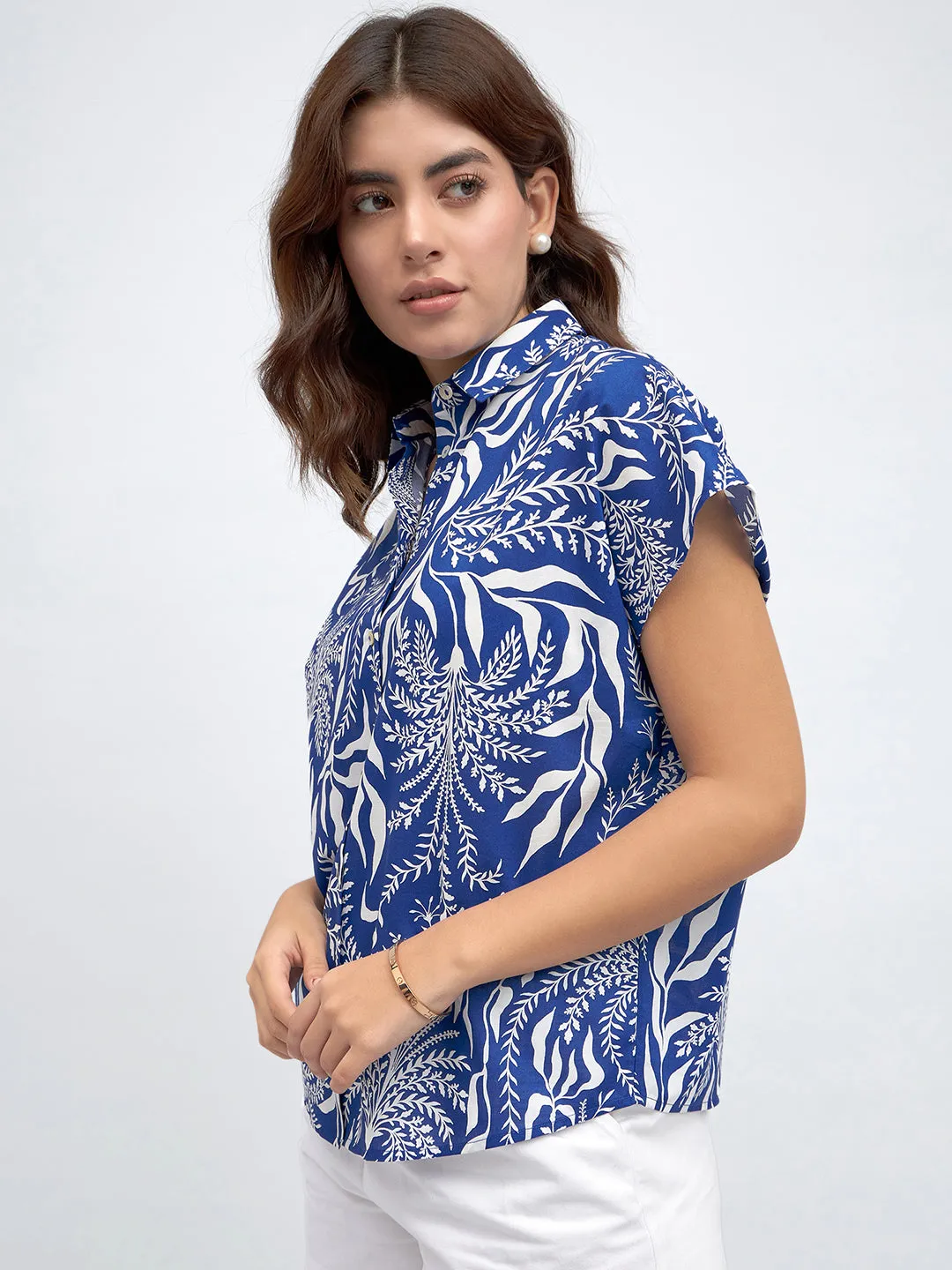 DL Woman Spread Collar Regular Fit Tropical Print Blue Shirt