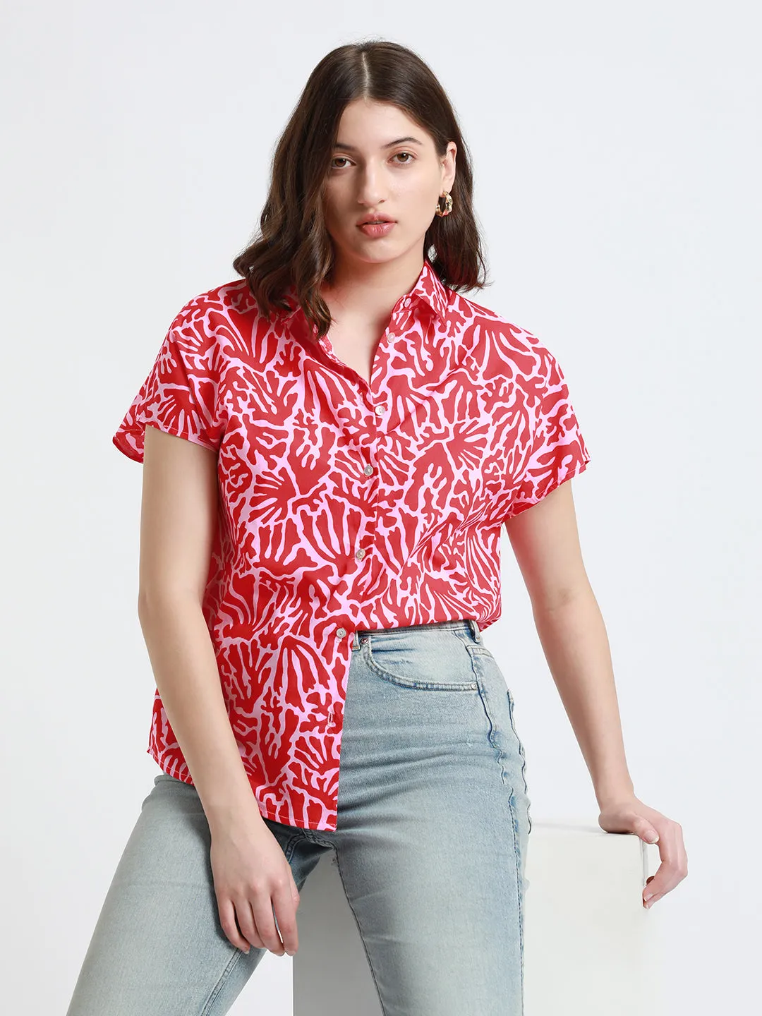 DL Woman Spread Collar Regular Fit Tropical Print Red Shirt