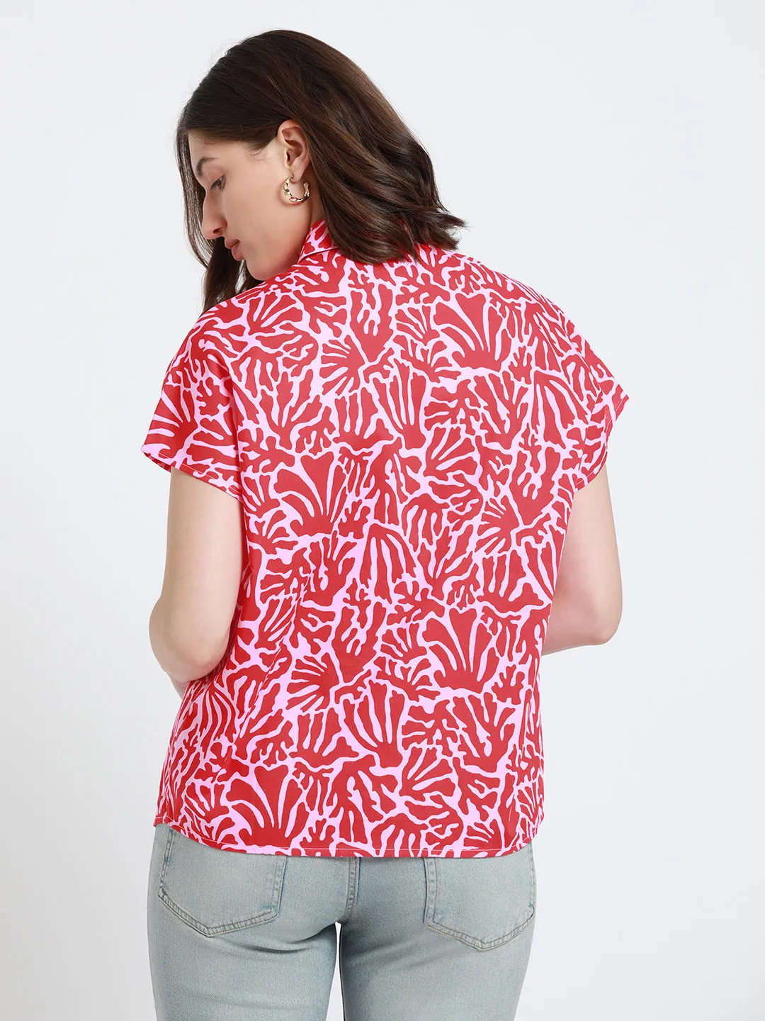 DL Woman Spread Collar Regular Fit Tropical Print Red Shirt