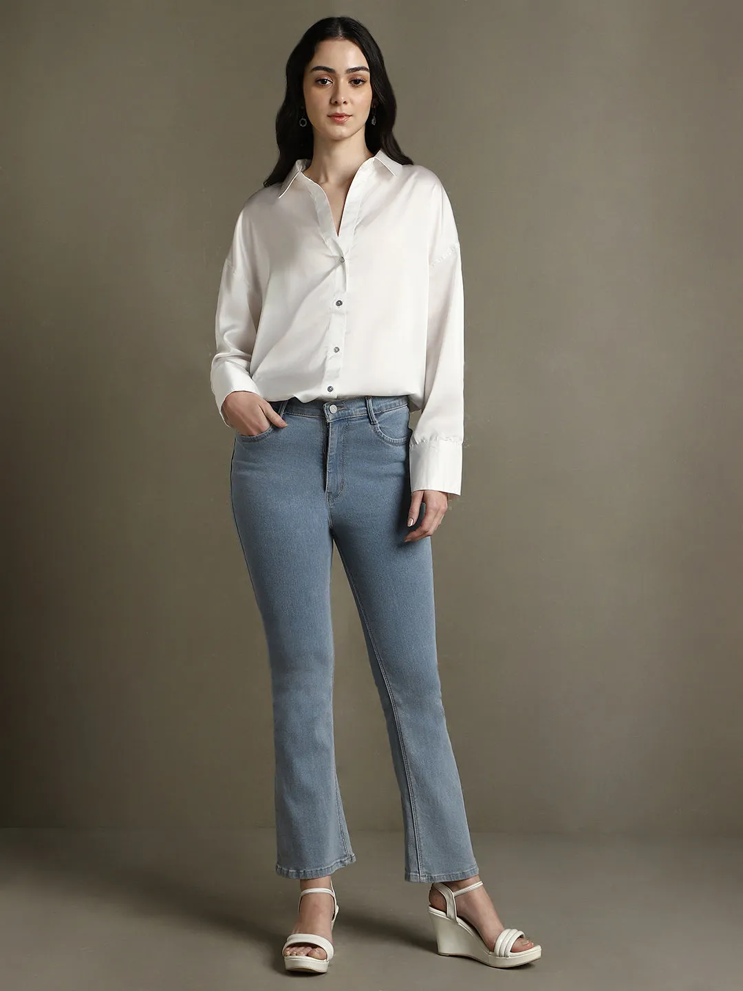 DL Woman White Solid Spread Collar Full Sleeves Relaxed Fit Shirt