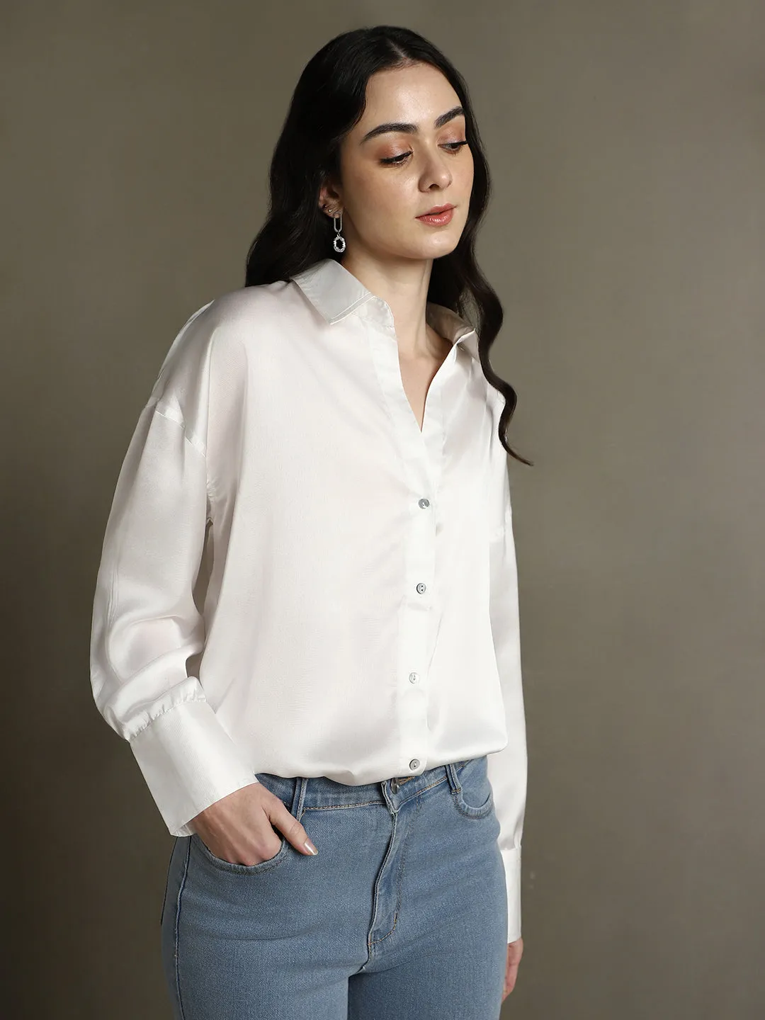 DL Woman White Solid Spread Collar Full Sleeves Relaxed Fit Shirt