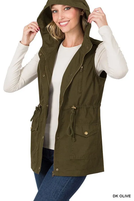 Drawstring Waist Military Hoodie Vest