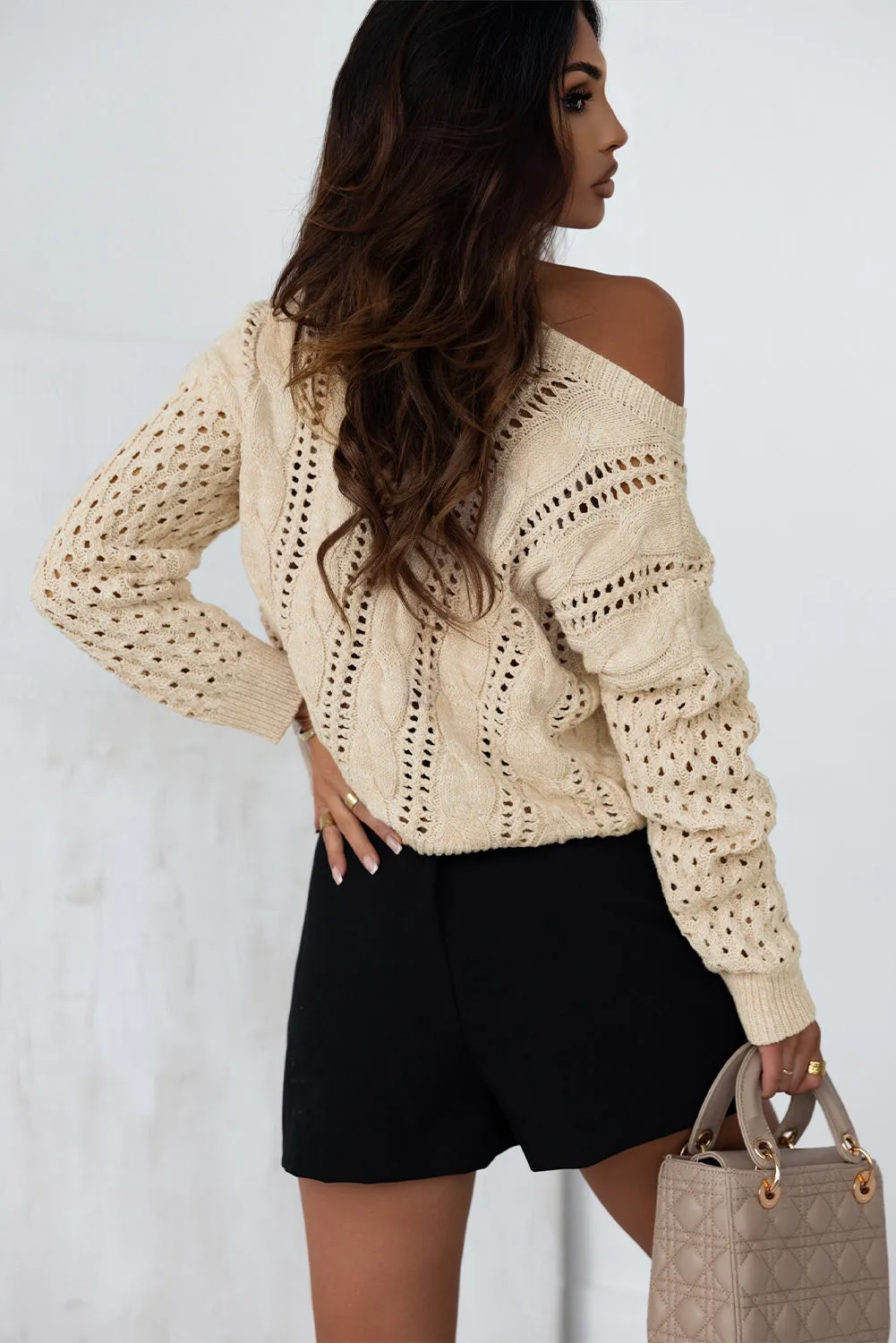 Eyelets Cable Knit Drop Shoulder Sweater