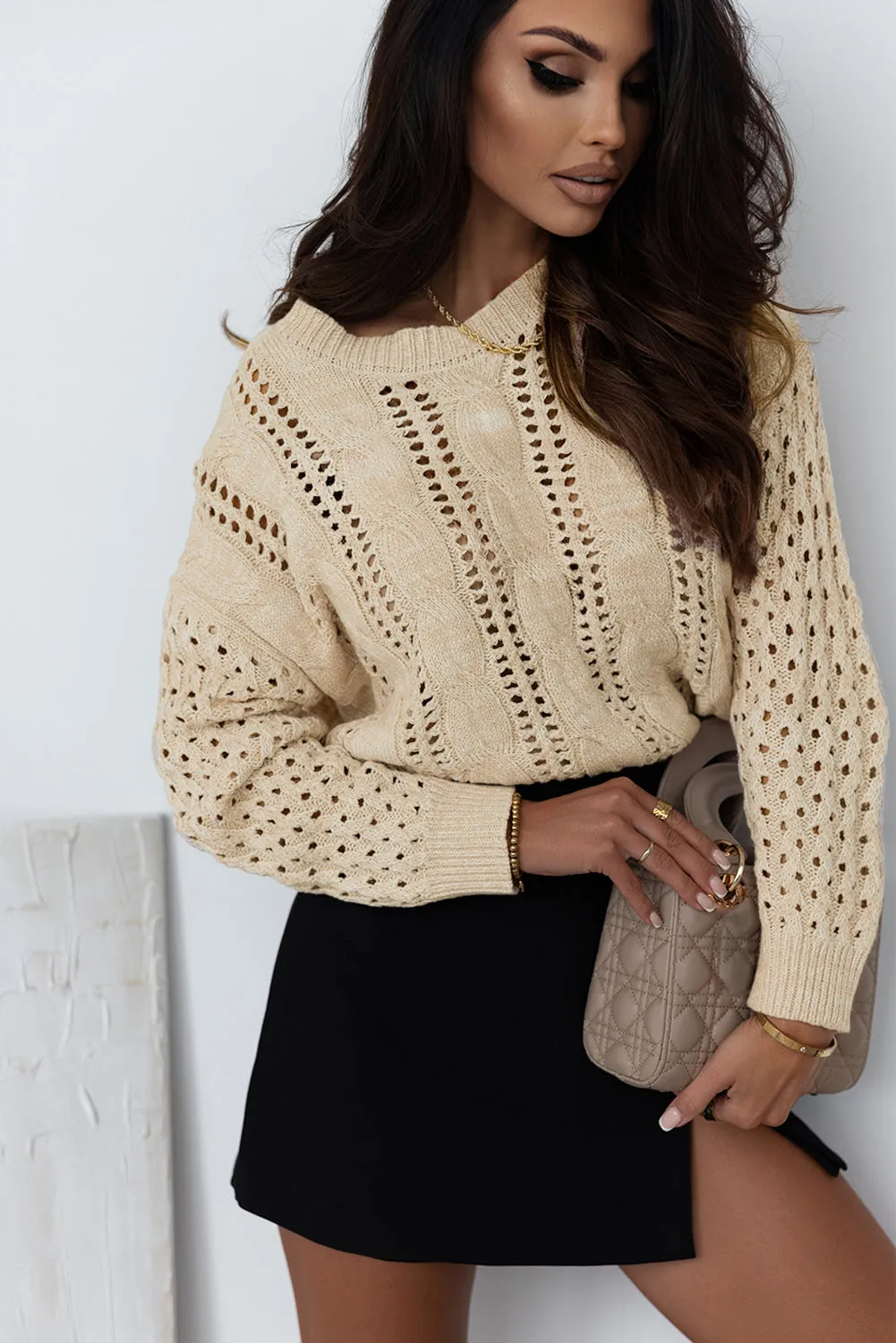 Eyelets Cable Knit Drop Shoulder Sweater