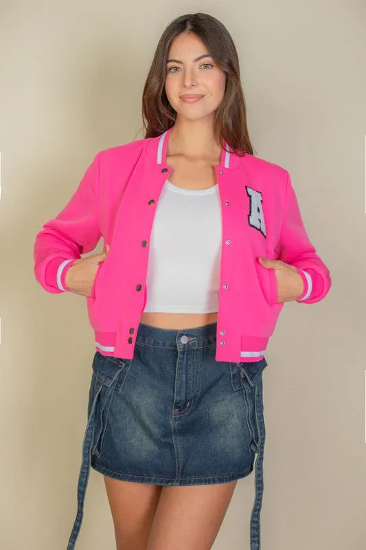 EZwear Letter Patched Crop Varsity Jacket