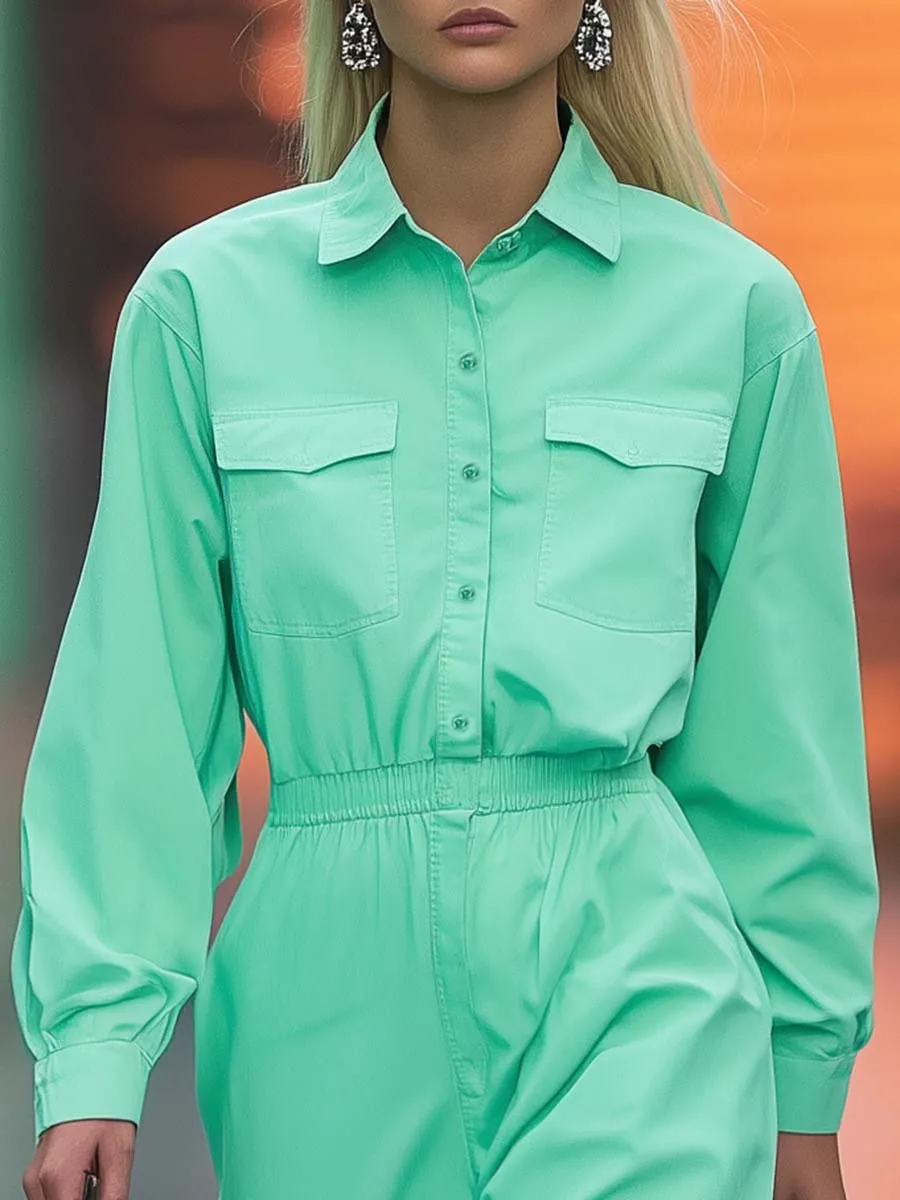 Fashionable and Eye-catching Shirt-style Mint Green Cropped Trousers Jumpsuit