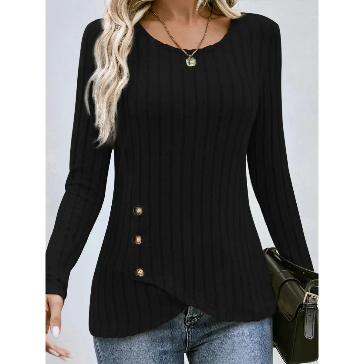 FashionSierra - Fashionable Casual Solid Color Waist Round Neck Comfortable Tight Long Sleeve Blouse