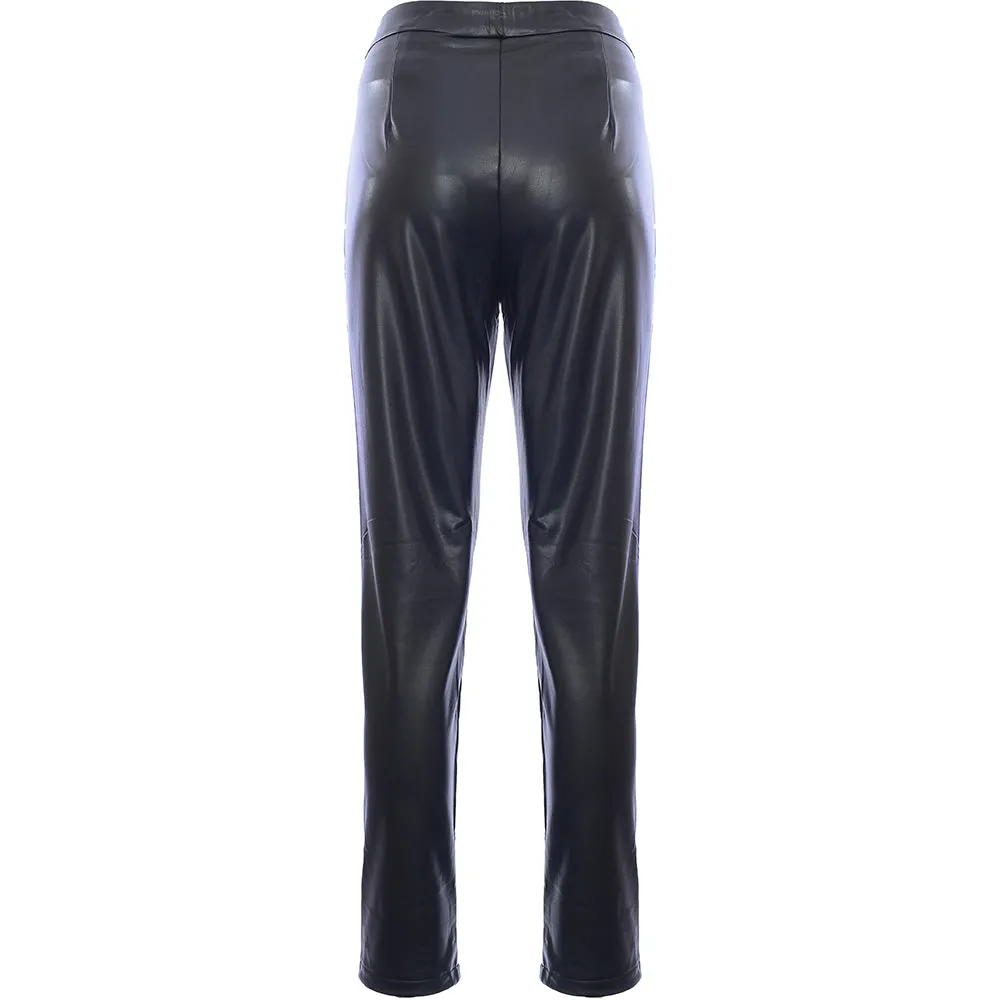 Femme Luxe Women's Black Leather Look Skinny Trousers with Lace Up