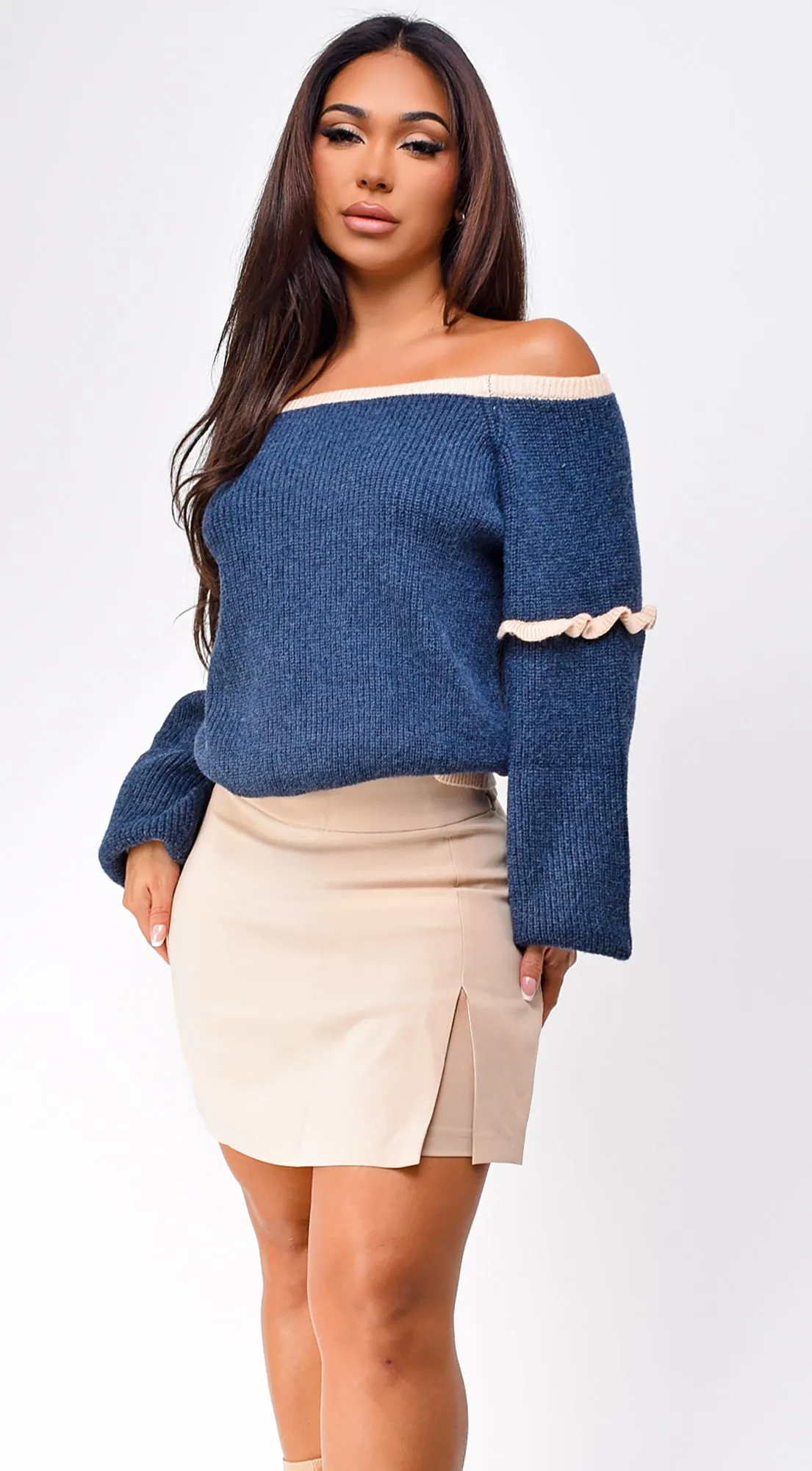 Frankfurt Off Shoulder Sweater Top - Blue