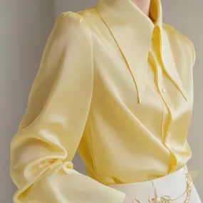 French Light Ripe Yellow Big Pointed Collar Long Sleeve Shirt