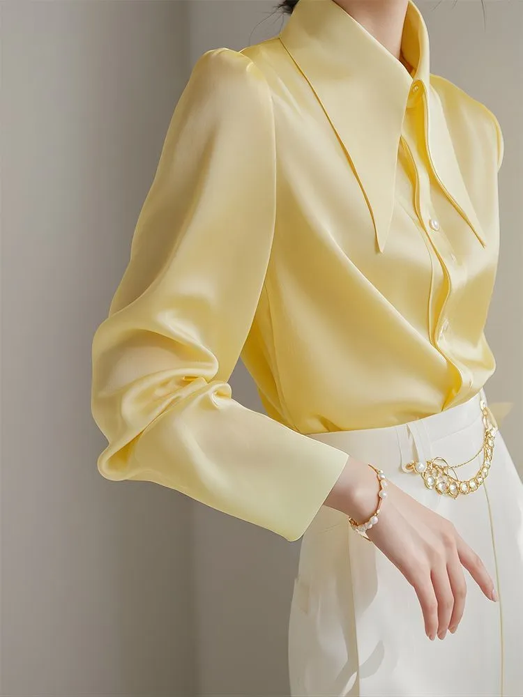 French Light Ripe Yellow Big Pointed Collar Long Sleeve Shirt