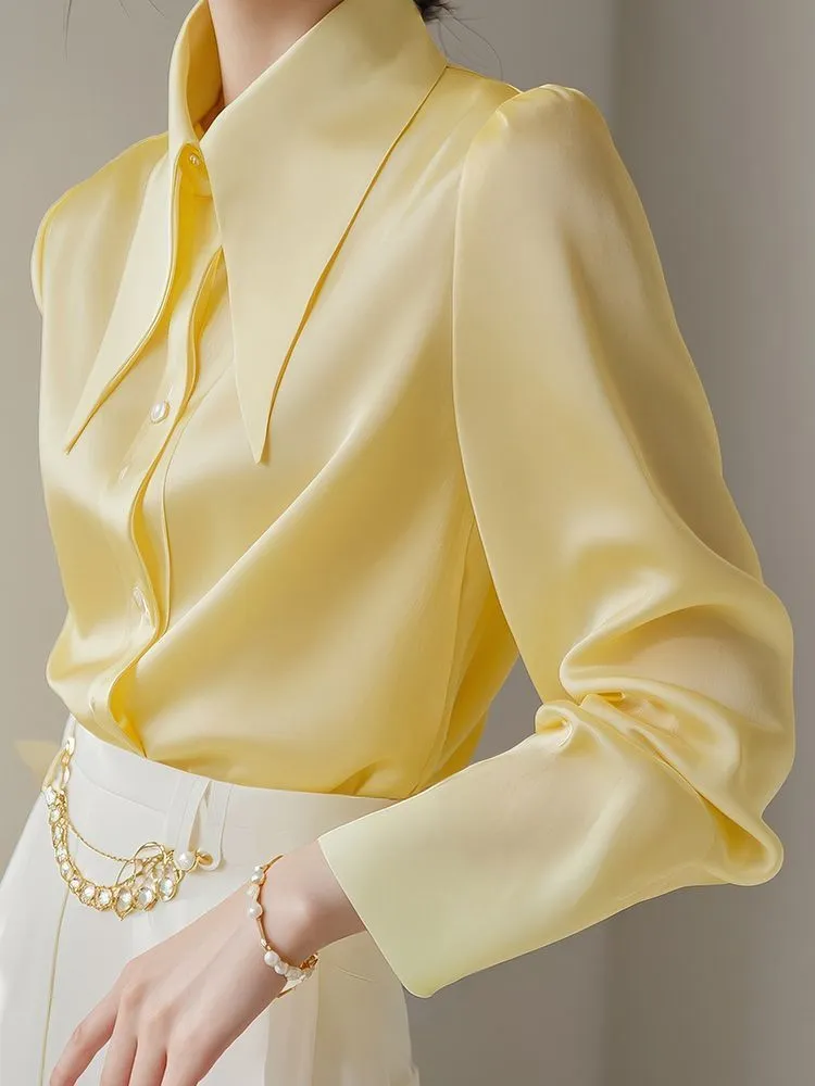 French Light Ripe Yellow Big Pointed Collar Long Sleeve Shirt