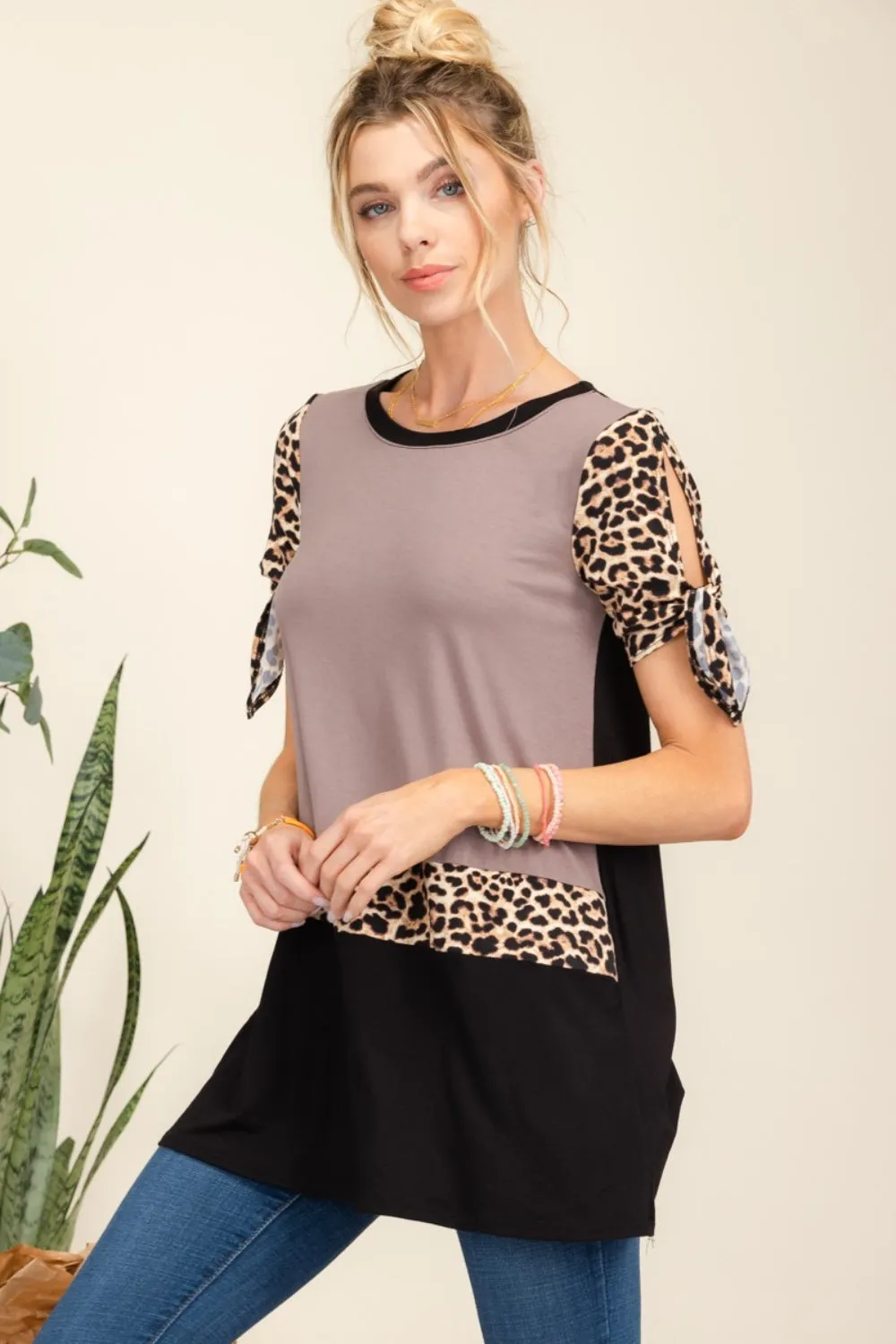 Full Size Open Tie Sleeve Leopard Color Blocked Top