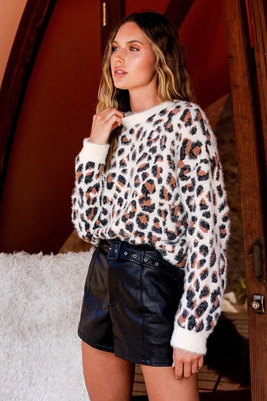 Fuzzy Leopard Pullover Sweater