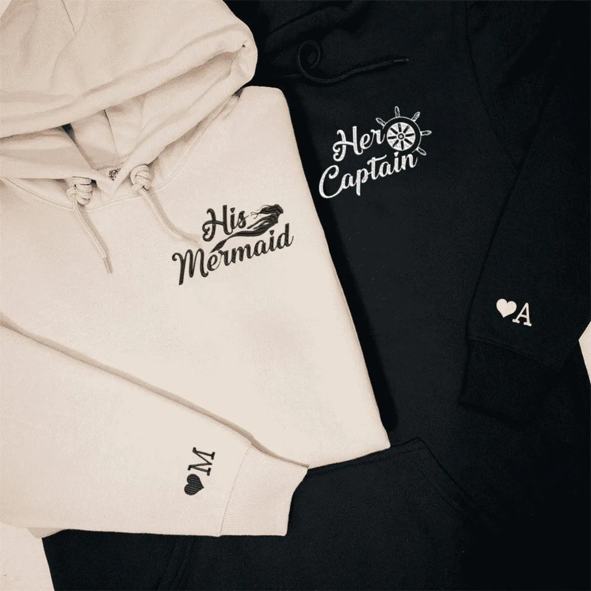 His Mermaid & Her Captain Couple Hoodies - Personalized Embroidered Hoodies For Couples