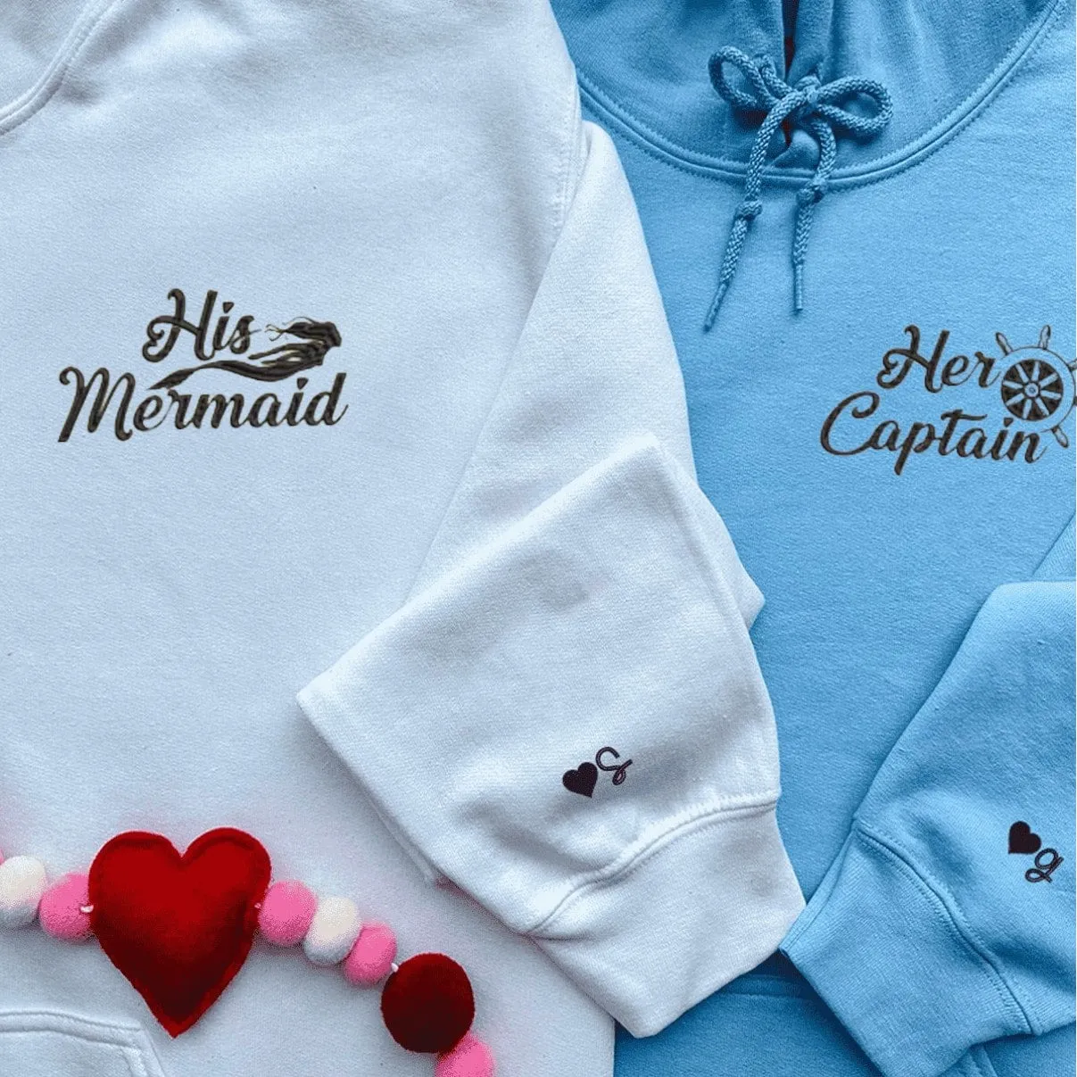 His Mermaid & Her Captain Couple Hoodies - Personalized Embroidered Hoodies For Couples