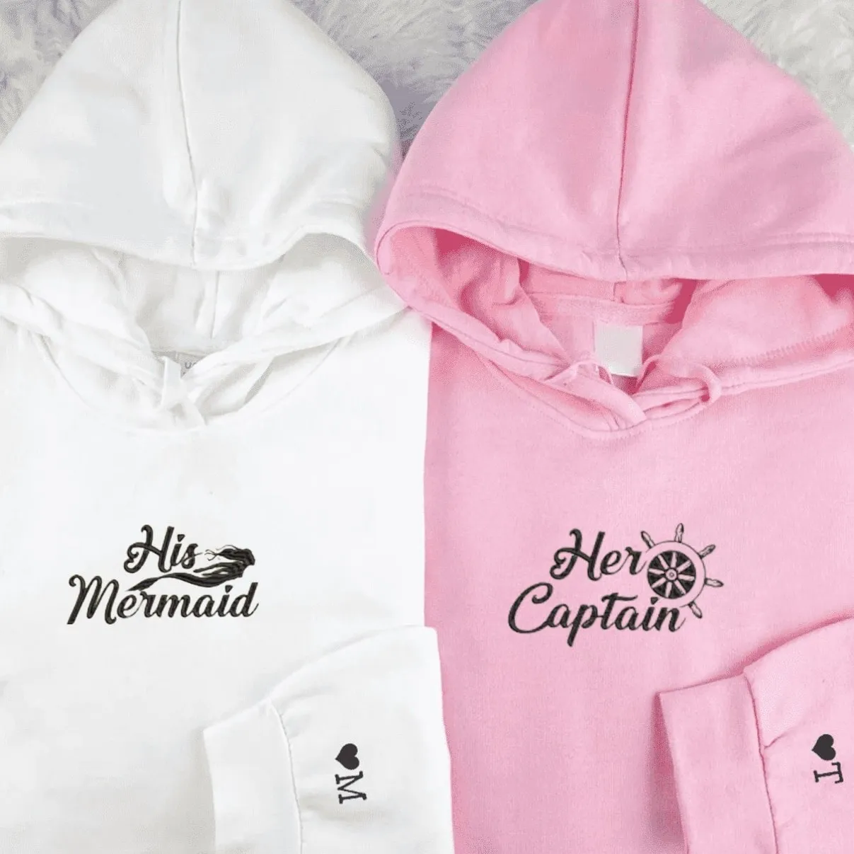 His Mermaid & Her Captain Couple Hoodies - Personalized Embroidered Hoodies For Couples