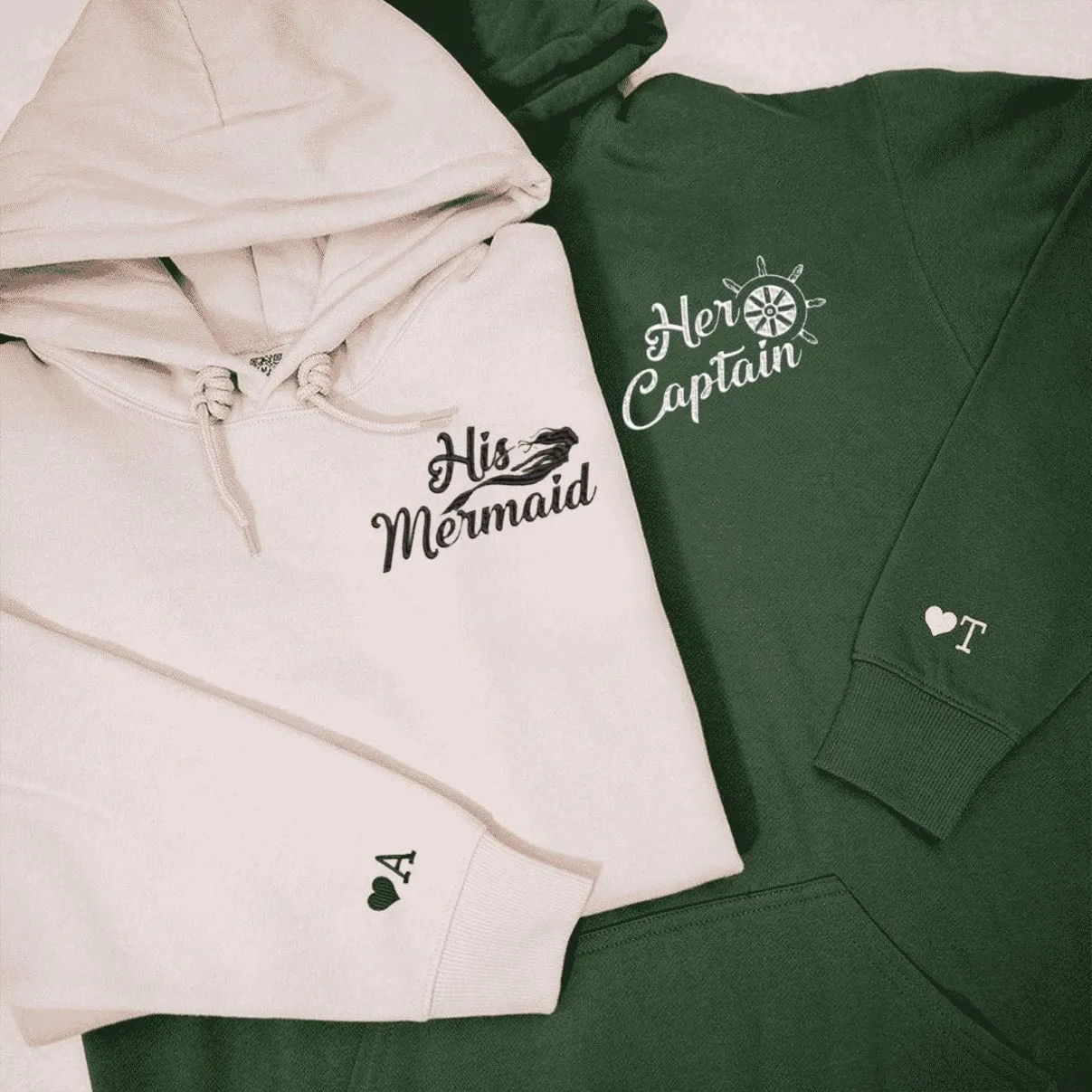 His Mermaid & Her Captain Couple Hoodies - Personalized Embroidered Hoodies For Couples