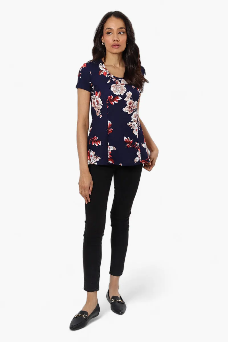 Impress Floral High Low Cap Sleeve Blouse - Navy